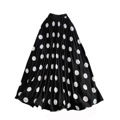 2026 Pleated Skirt Elastic Waist Polka Dot Fashion Printed Slim Pleated Skirt Women's Summer New Beach Vacation Mid-length Skirt