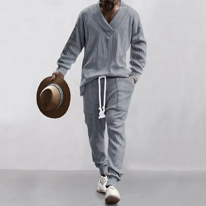 2025 Cross-border New Men's Casual Trousers V-Neck Versatile Jacquard Knitted Sweater Set