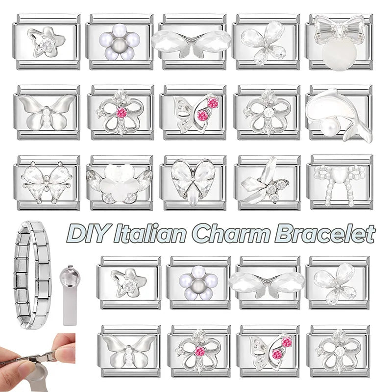 New Shiny Zircon Heart Butterfly Flower Star Bow Italian Charm Links Fit 9MM Stainless Steel Bracelet Girls' DIY Making Gift