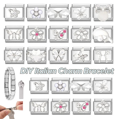 New Shiny Zircon Heart Butterfly Flower Star Bow Italian Charm Links Fit 9MM Stainless Steel Bracelet Girls' DIY Making Gift