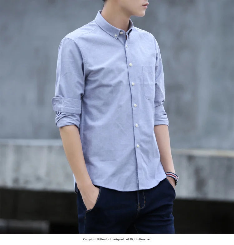 Classic Fit Cotton Full Casual Shirts for Men Solid Color Long-Sleeve Plain Shirt Single Pocket Top Soft Slim Fit Formal Clothes