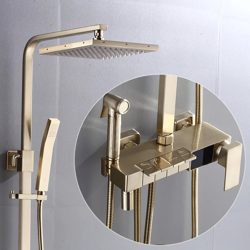 Gold Piano Digital Display Bathroom Shower Set Brass Bathroom Faucet Accessories Thermostatic Digital Bathroom Shower System