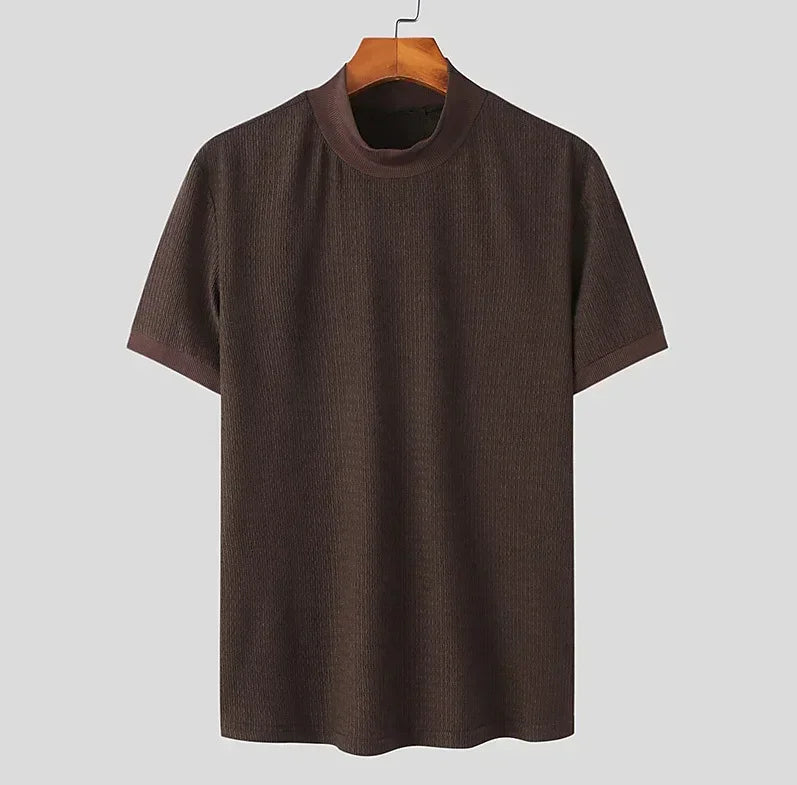Summer New Casual Simple Knitted Base Shirt European and American Men's High Neck Water Ripple Solid Color T-Shirt