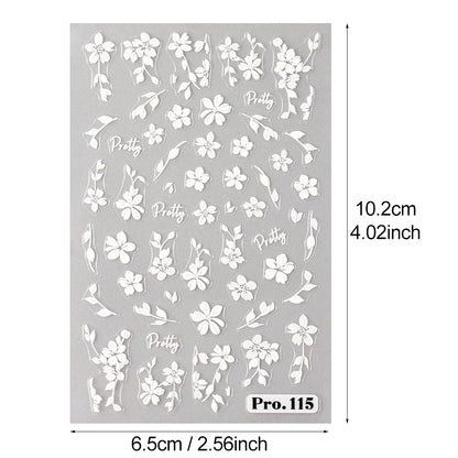 2pcs White Flower 3D Nail Art Stickers Sakura Blooming Florals Leaf Self-Adhesive Nail Decorations Sliders for DIY Manicure