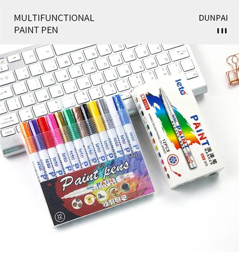 12PCS Waterproof Car Wheel Tire Oily Mark Pen Auto Rubber Tyre Colorful Permanent Painting Pen Graffiti Touch Up Paint Mark Pen
