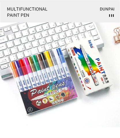 12PCS Waterproof Car Wheel Tire Oily Mark Pen Auto Rubber Tyre Colorful Permanent Painting Pen Graffiti Touch Up Paint Mark Pen