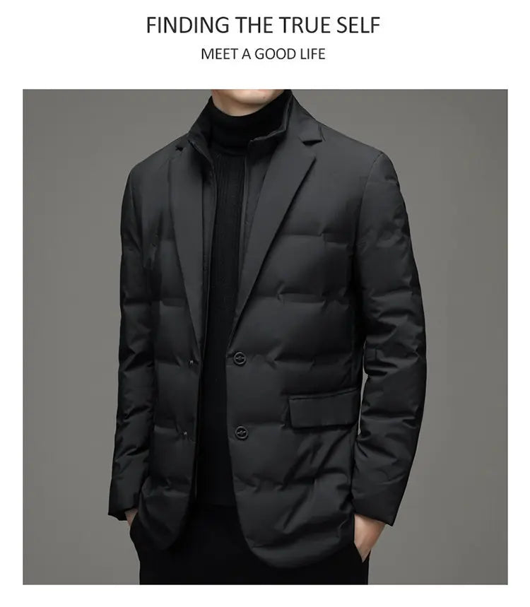 Men's Solid Color Detachable Stand Collar Long Sleeve Casual Business Trendy Down Coats Winter New Fashion Suit Blazers Clothes