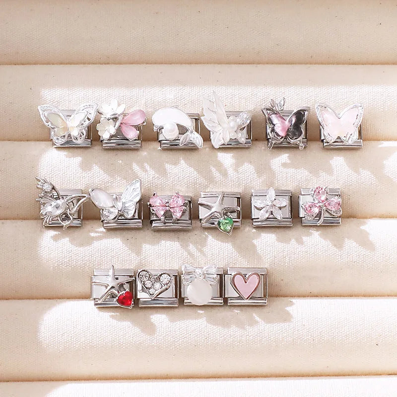 Zircon Pearl Heart Bow Candy Flower Butterfly Italian Charm Links Fit 9mm Stainless Steel Bracelet Personalized DIY Making Gifts