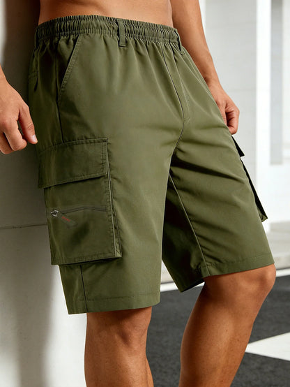 Men's Straight Cargo Shorts Lightweight Breathable Solid Color Drawstring Waist with Zipper Pockets Casual Summer Short Pants