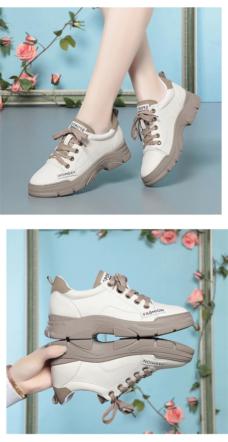 Spring Non-slip Soft Leather Sneaker Trekking Footwear New Women's Thick-soled Lace-up Leisure Skateboard Sports Shoes