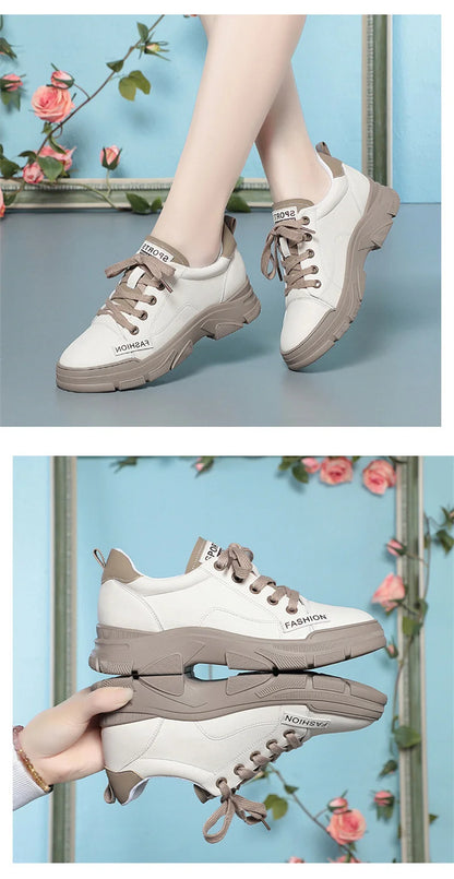 Spring Non-slip Soft Leather Sneaker Trekking Footwear New Women's Thick-soled Lace-up Leisure Skateboard Sports Shoes
