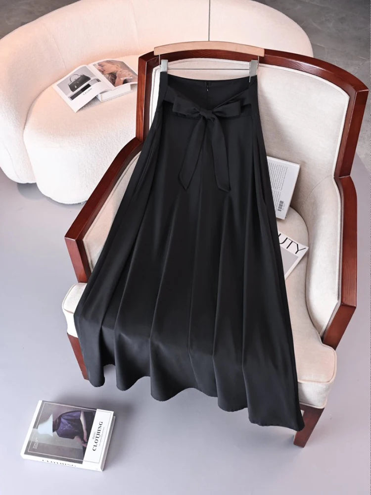New In Dresses Solid Color A-line Skirts for Woman Clothing High Elastic Waist Long Skirt Women With Bow Elegant Women's Skirts