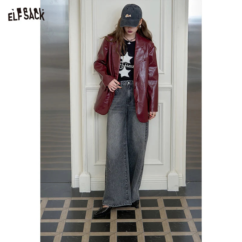 ELFSACK Women's Faux Leather Blazer Oversized Wine Red Long Sleeve Casual Office Wear Jacket Fashion Streetwear Coat