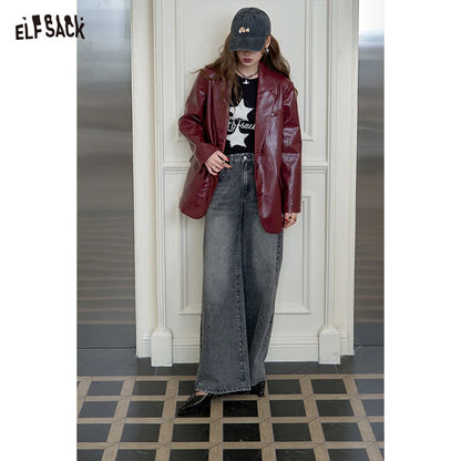 ELFSACK Women's Faux Leather Blazer Oversized Wine Red Long Sleeve Casual Office Wear Jacket Fashion Streetwear Coat