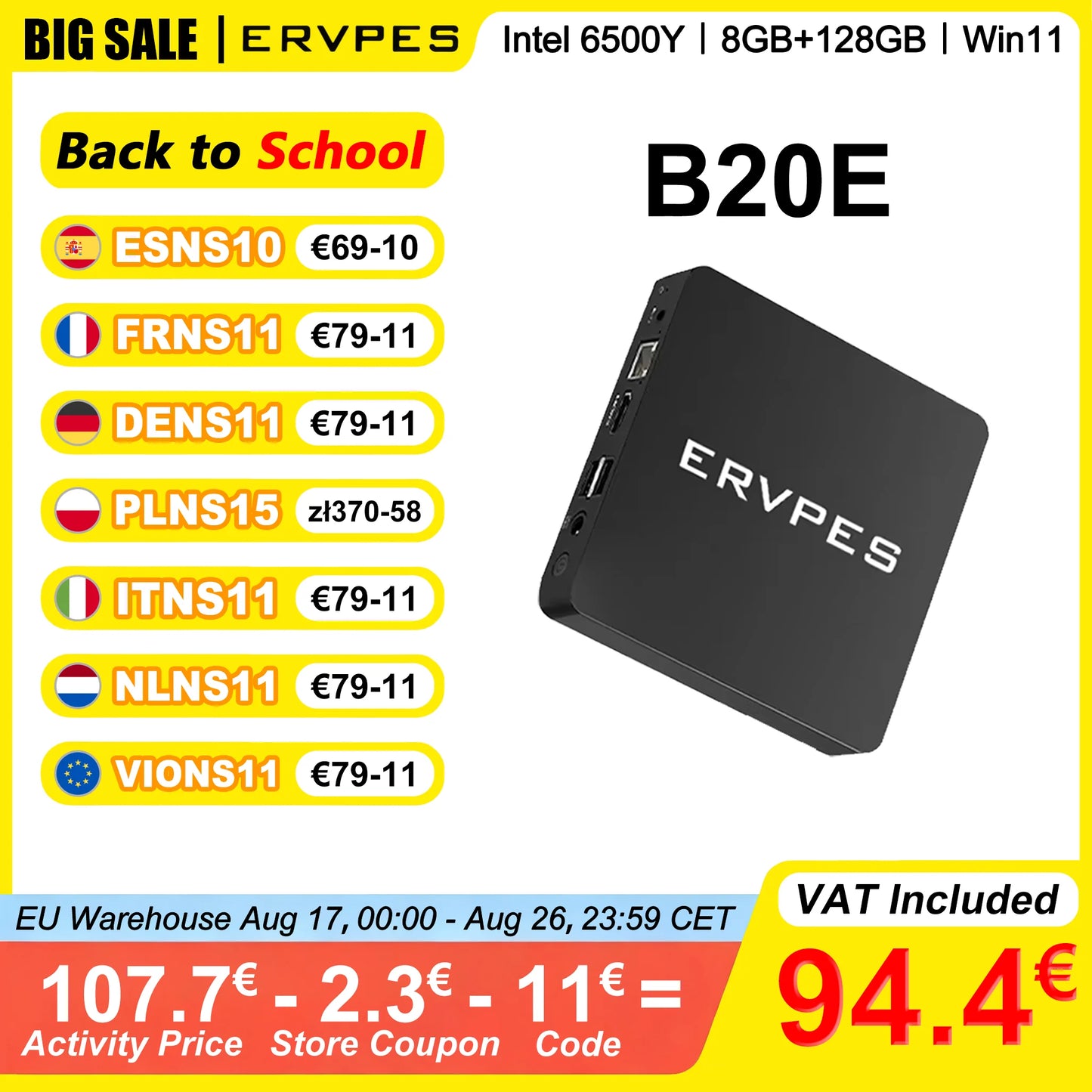 ERVPES B20E Mini PC 8GB RAM 128GB SSD Intel 6500Y Windows 11 BT5.0 Apollo Lake Desktop Microcomputer Dual Band Wi-Fi HDMI