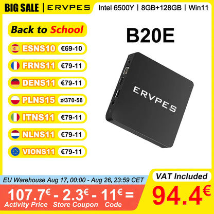 ERVPES B20E Mini PC 8GB RAM 128GB SSD Intel 6500Y Windows 11 BT5.0 Apollo Lake Desktop Microcomputer Dual Band Wi-Fi HDMI