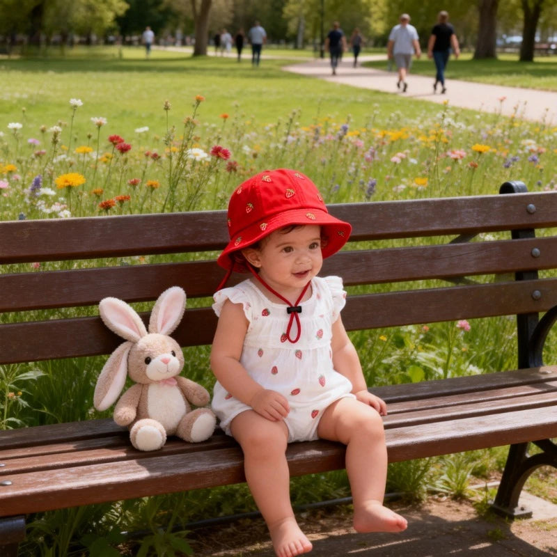 Boys Cute Sun Bucket Cap 48-50cm Spring Summer New Girl Fisherman Hat with Strawberry Embroidery Fashion Kids Toddler Outfit Cap
