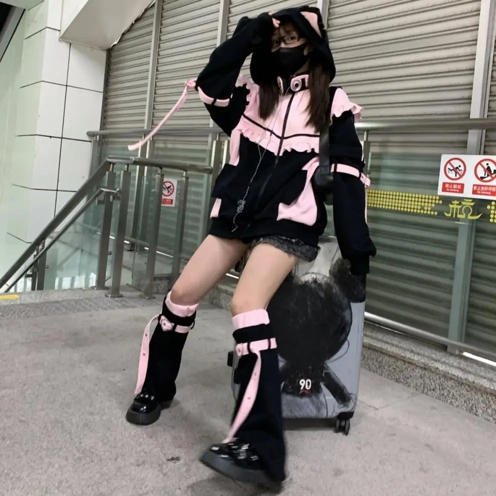 Cute Cat Ears Contrast Color Hoodies Coat Women Ruffled Patchwork Loose Sweatshirt Harajuku Zipper Y2k Aesthetic Casual Hoody