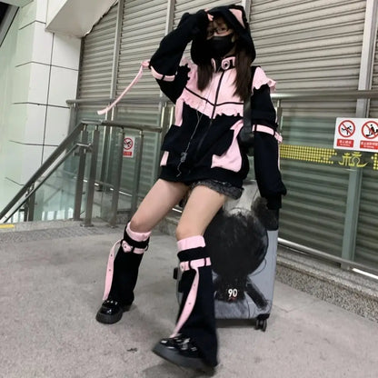 Cute Cat Ears Contrast Color Hoodies Coat Women Ruffled Patchwork Loose Sweatshirt Harajuku Zipper Y2k Aesthetic Casual Hoody