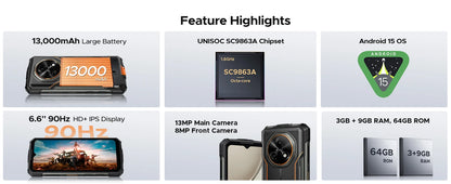 DOOGEE Fire 5 Rugged Phone 13000mAh Large Battery 6.6'' HD+ Display 12GB RAM (3GB+9GB) 64GB ROM Android 15 NFC Smartphone