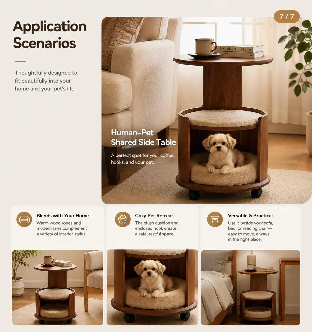 Wooden Pet Side Table Bed Combo with Removable Plush Cushion Smooth Rolling Casters for Cats Small Dogs Home Furniture