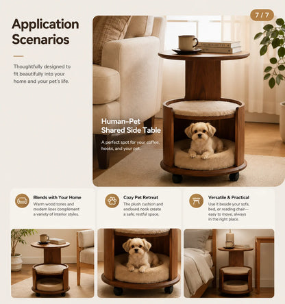 Wooden Pet Side Table Bed Combo with Removable Plush Cushion Smooth Rolling Casters for Cats Small Dogs Home Furniture