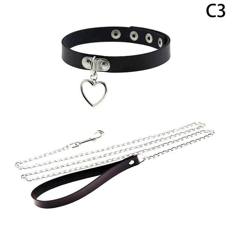 Sexy Leather Heart Necklace Collar Set with Leash for Women BDSM Cosplay Bondage Accessories Couple Role Play Game Props