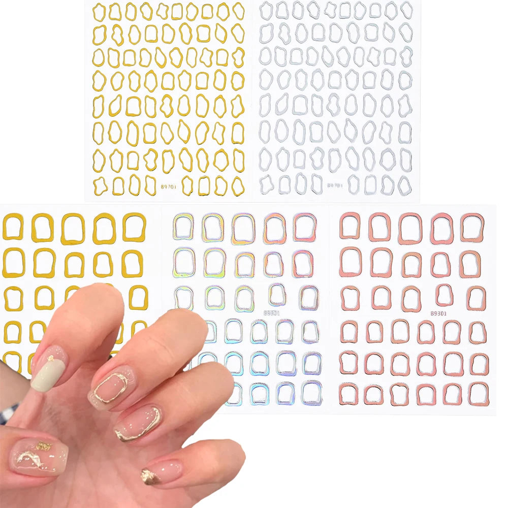 1Pc 3D Gold Hollow Irregular Geometric Nail Stickers Holo Metal Frame Gold/Silver Decals Square Self Adhesive Sliders Nail Deco