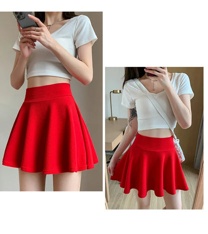 Summer Basic Skirts Women Shorts Mini Elastic Pleated Skirts High Waist Bubble Sun Skirts School Girl Uniform Lined Safety Pants