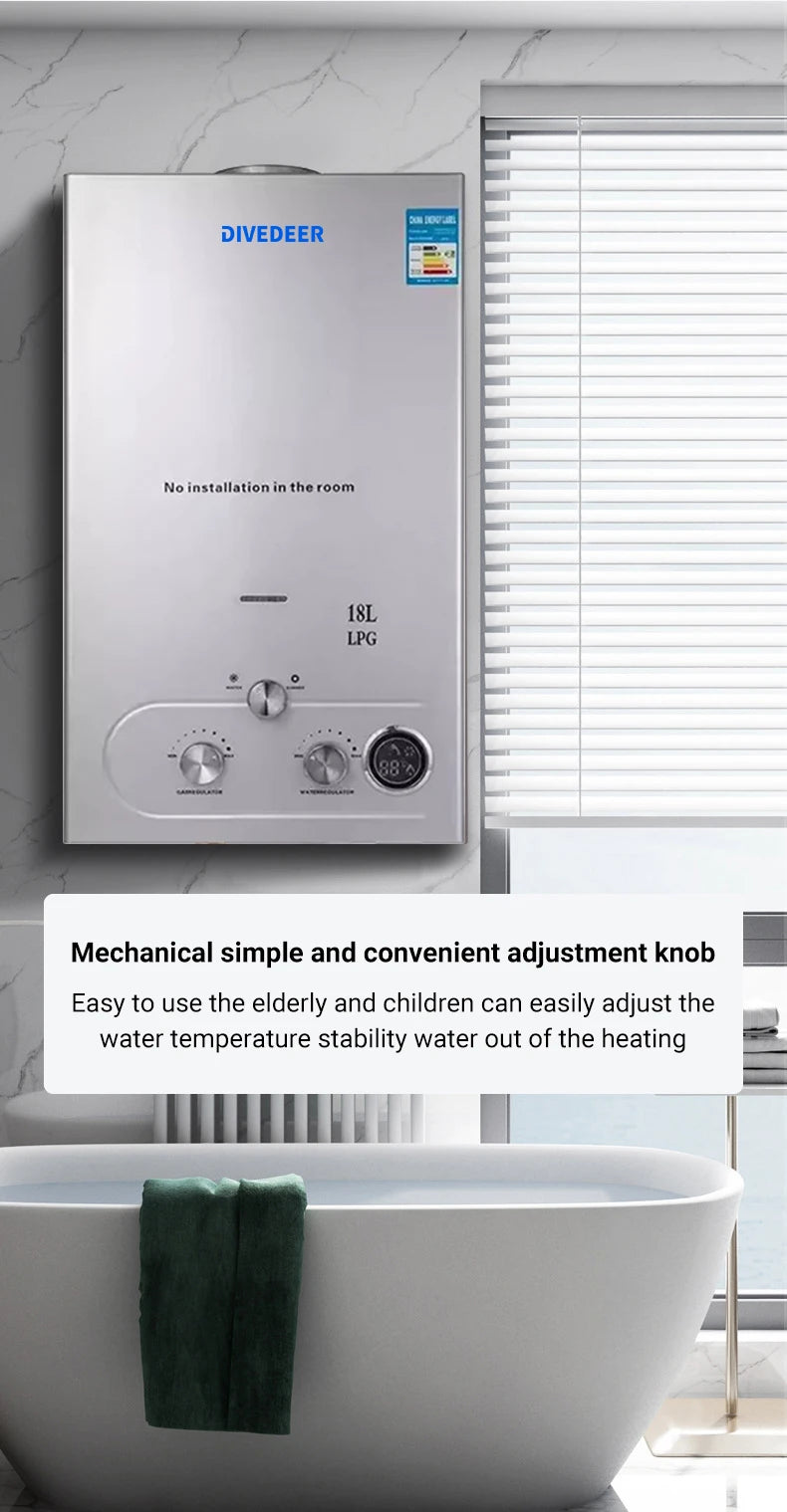 DIVEDEER LPG Gas Hot Water Heater 6L/8L/10L/12L/16L/18L Home Appliance Wall-Mounted Water Heater With Shower Kit Digital Display