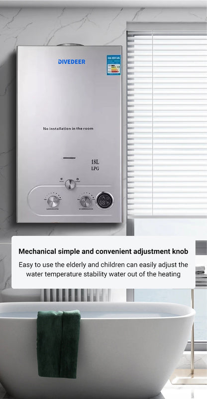 DIVEDEER LPG Gas Hot Water Heater 6L/8L/10L/12L/16L/18L Home Appliance Wall-Mounted Water Heater With Shower Kit Digital Display