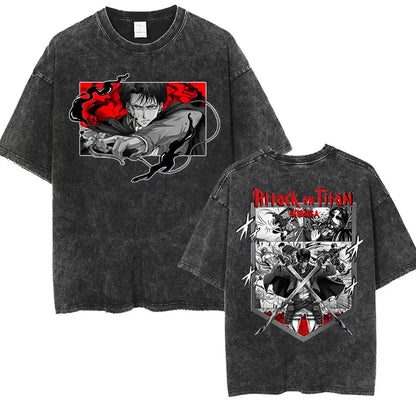Anime Attack on Titan Vintage Washed Print T-shirt Mikasa Ackerman Eren Jaeger Wings of Freedom Logo Mens Summer Cotton T-shirts
