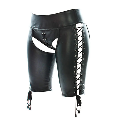 Men PU Leather Open Crotch Shorts Lace Up Adjustable Fetish Pants Buttless Underwear BDSM Lingerie Costume Adult Wear for Men