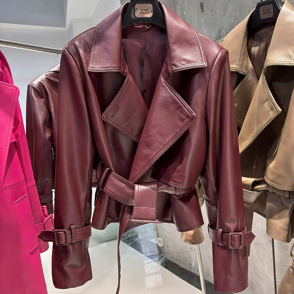 YOLOAgain 2025 Autumn Elegant Real Leather Jacket Coat Women Oversized Leather Jacket With Belt