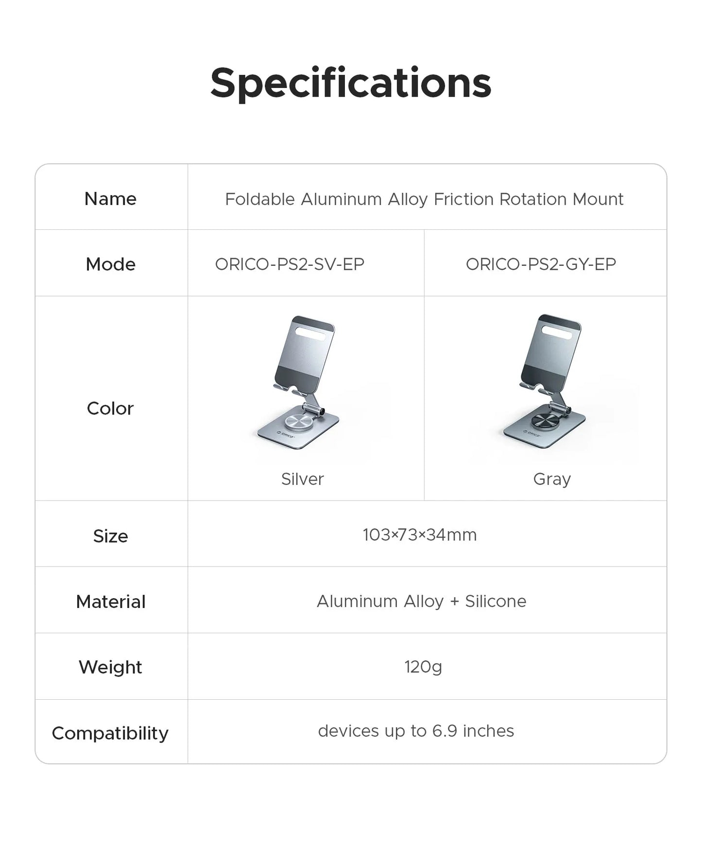 ORICO Aluminum 360 Rotation Mobile Phone Holder Universal Bracket Folding Dual-Axis Alloy Adjustment Design Stable For iPhone