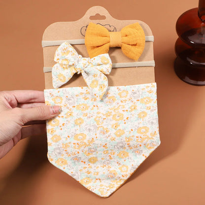 3Pcs/Set Muslin Cotton Print Bib Newborn Bows Headband Triangle Saliva Towel Infant Boy Girl Feeding Burp Baby Hair Accessories