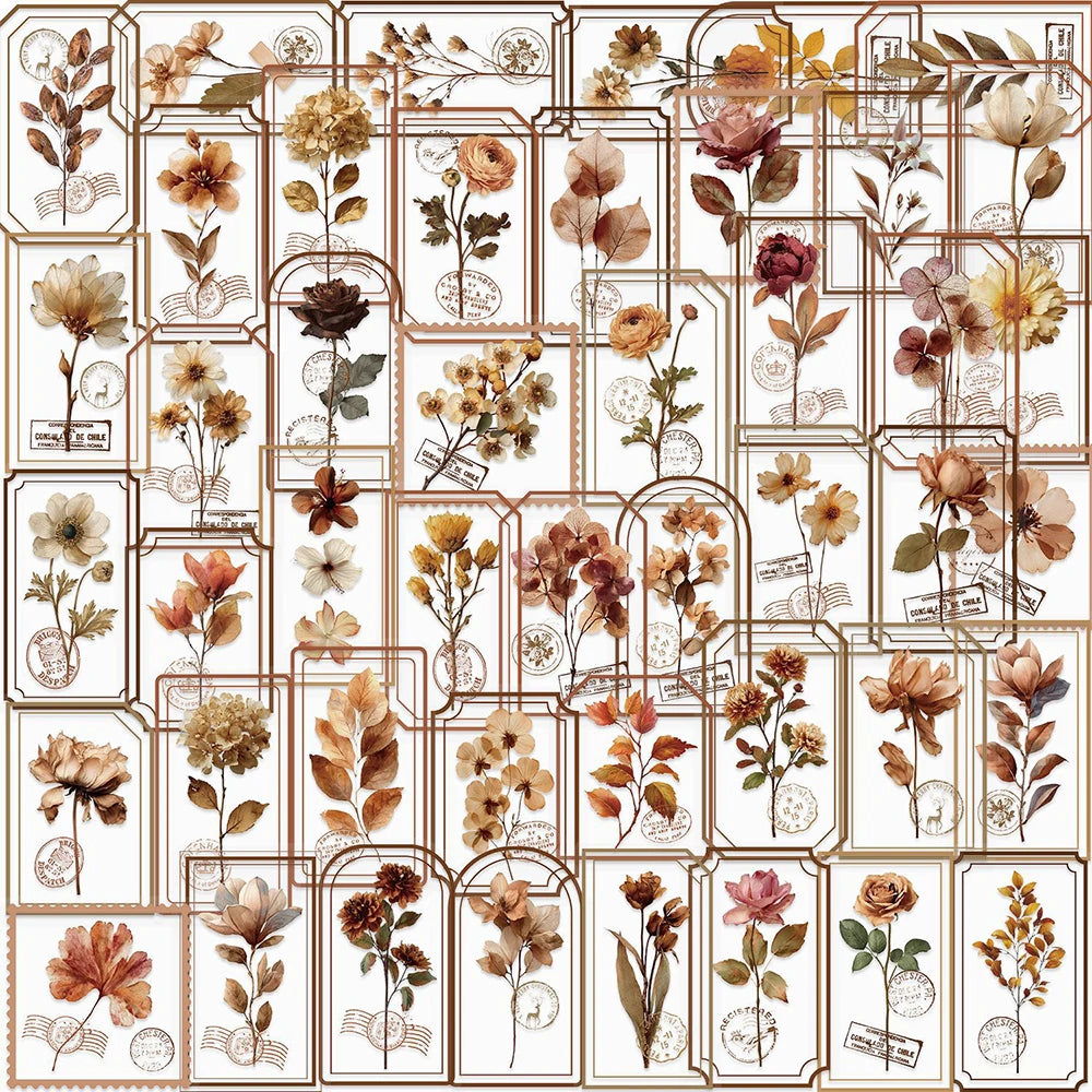 10/30/50pcs INS Style Retro Brown Flowers Stamp Stickers Aesthetic Decals DIY Luggage Motorcycle Bike Cartoon Decoration Sitcker