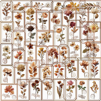 10/30/50pcs INS Style Retro Brown Flowers Stamp Stickers Aesthetic Decals DIY Luggage Motorcycle Bike Cartoon Decoration Sitcker
