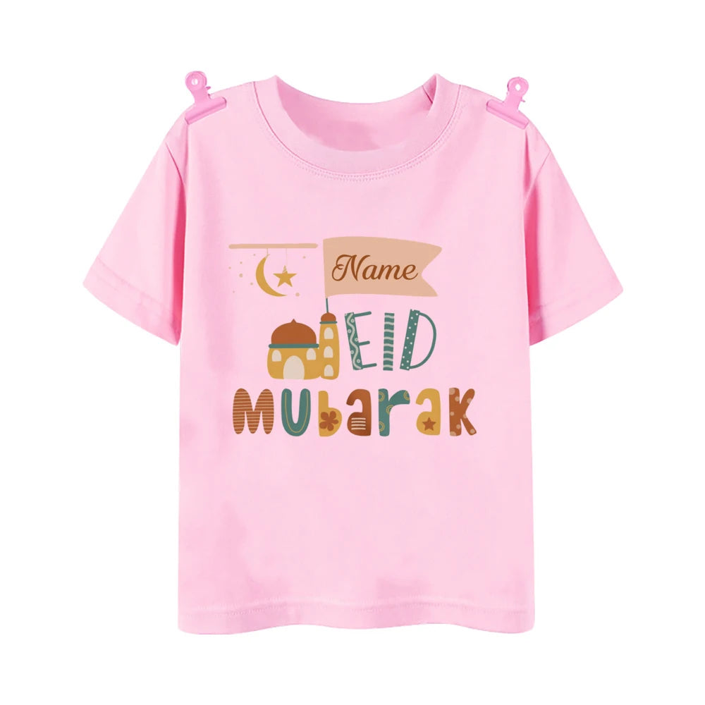 Personalized Eid Mubarak Printed Kids Shirts Custom Name Eid Ramadan Child T-shirt Tops Islamic Muslim Holiday Boys Girls Outfit