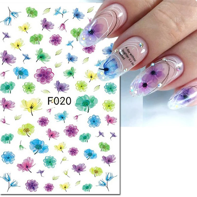 3d Nail Art Decals Watercolor Florals Purple Green Pink Flowers Leafs Fruit Adhesive Sliders Nail Stickers For Manicure