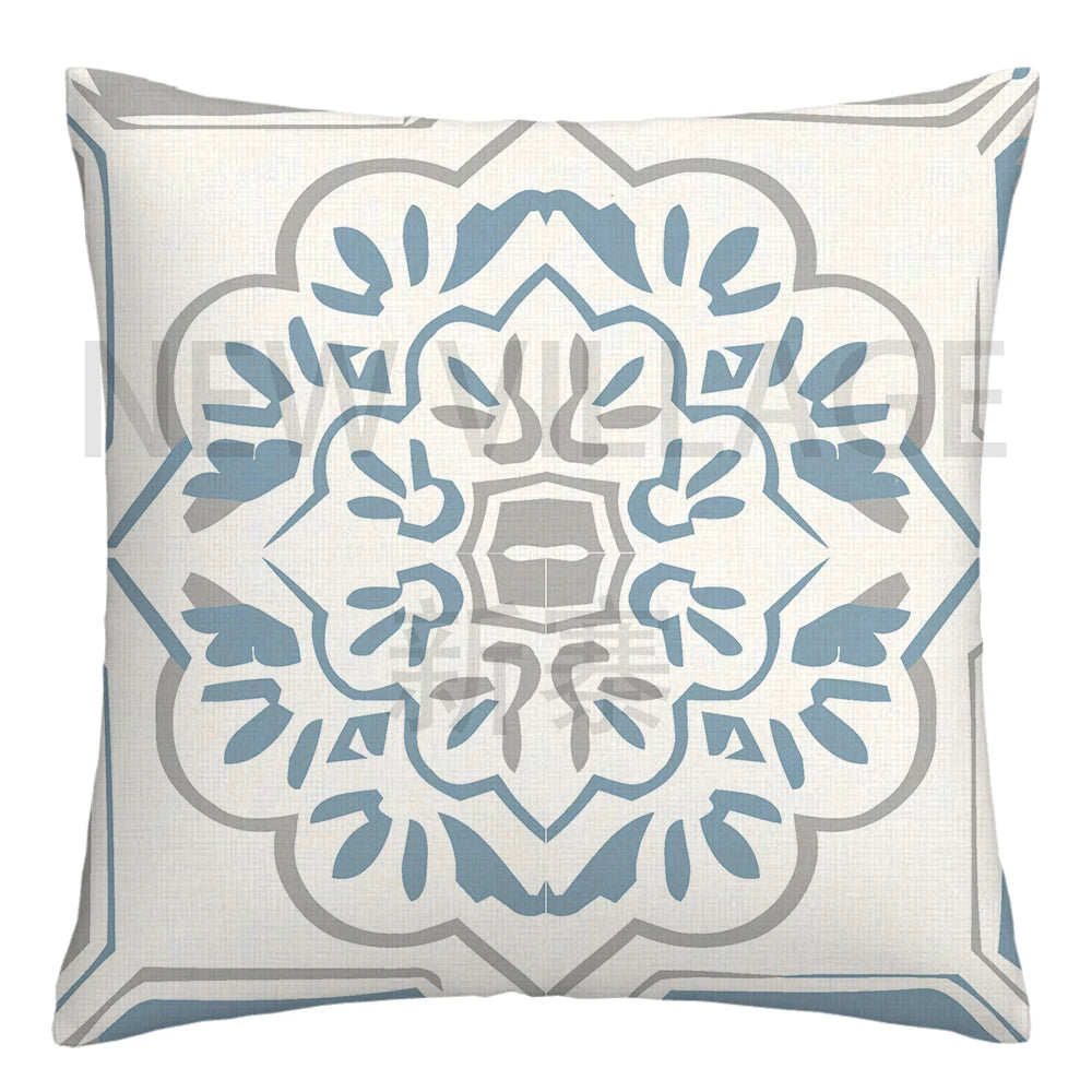 Lake blue white geometric linen pillowcase sofa cushion cover home decoration can be customized for you 40x40 45x45 50x50 60x60