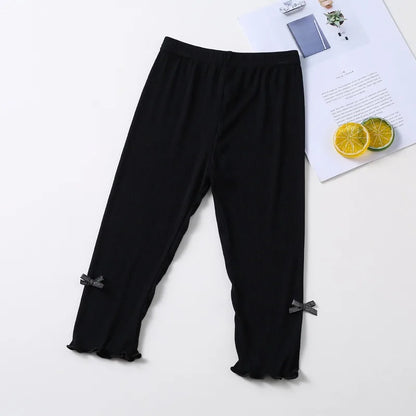 Summer 2026 kids Cropped Leggings Baby Girls Vintage Stripes Elastic Slim Lace cuffs Pants Leggings High Waist Girls Clothing