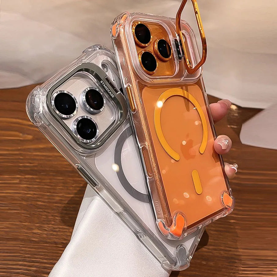 Luxury Transparent Airbag Case For iPhone 17 16 15 14 12 13 Pro Max Plus Air for Magsafe Transparent Camera Stand Holder Cover