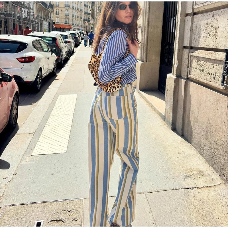 Casual Striped Women's Jeans Mid-rise Single Button Pockets Lady Curved-leg Pants 2026 Spring Summer Fashion Female Trousers