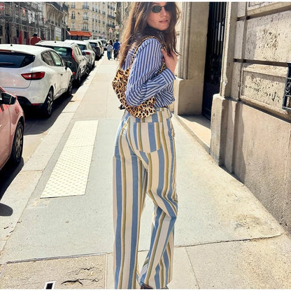 Casual Striped Women's Jeans Mid-rise Single Button Pockets Lady Curved-leg Pants 2026 Spring Summer Fashion Female Trousers