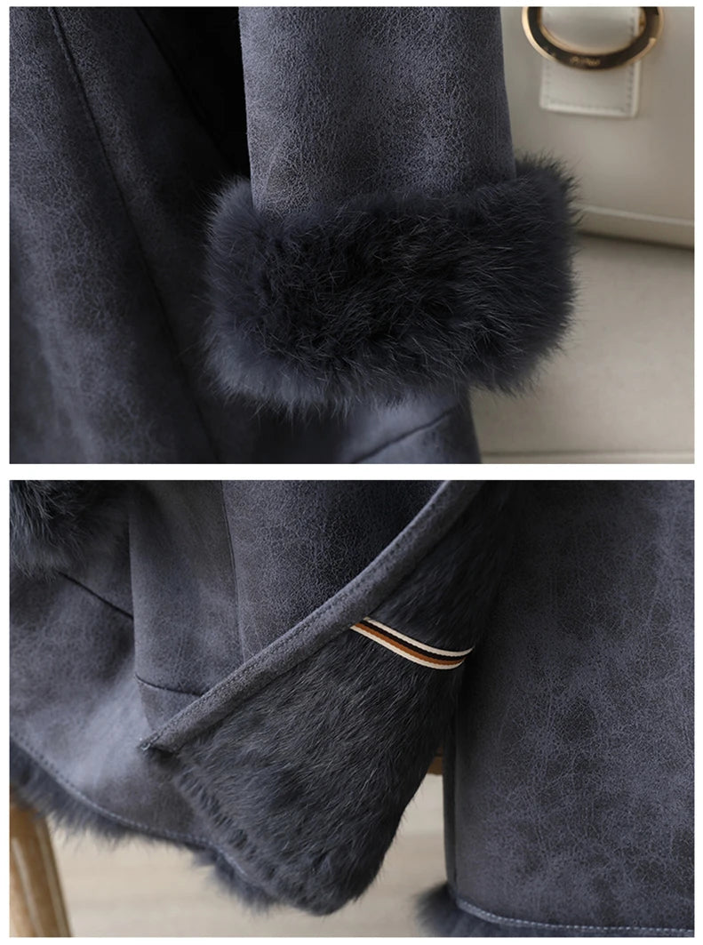 Aorice Women Real Rabbit Leather With Fur Coat Jacket Brand New Female Winter Fox Collar Trench Parka CT189