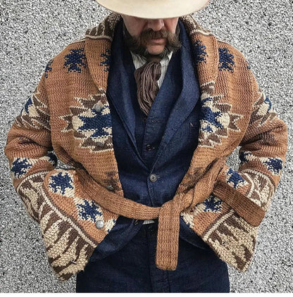 Europe and The United States Men Heavy Jacquard Fashion Sweater Autumn and Winter Retro Casual Thick Cardigan Knit Sweater Coat