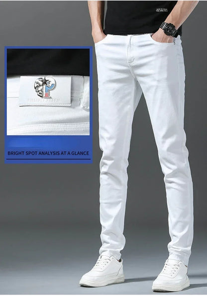 2026 Spring New Men Slim Jeans 98% Cotton White Stretch Straight Casual Fashion Pencil Pants High Quality Trousers Male Clothes