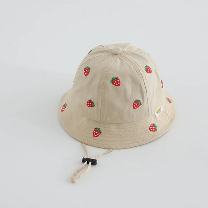 Boys Cute Sun Bucket Cap 48-50cm Spring Summer New Girl Fisherman Hat with Strawberry Embroidery Fashion Kids Toddler Outfit Cap