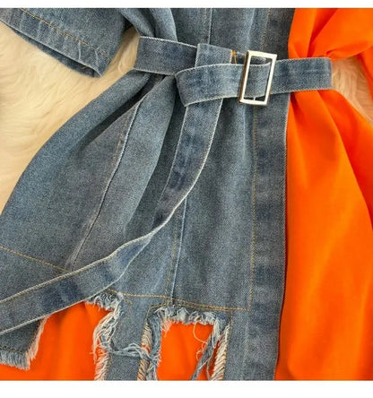 Retro Hong Kong Sle Chic Casual Mid-Length round Ne Patchwork Color Denim irt with Belt Spring New Women's Faion Top